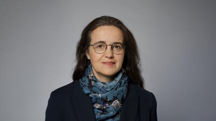 Die Staatssekretärin blickt freundlich in die Kamera. Sie hat langes dunkles Haar und trägt einen blau gemusterten Schal mit einem schwarzen Oberteil. Der Hintergrund besteht aus einer grauen Wand.